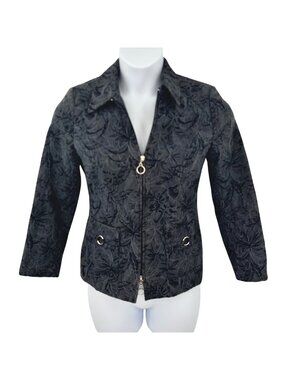 TRIBAL BLACK FLORAL TEXTURED ZIP-UP BLAZER JACKET - 4